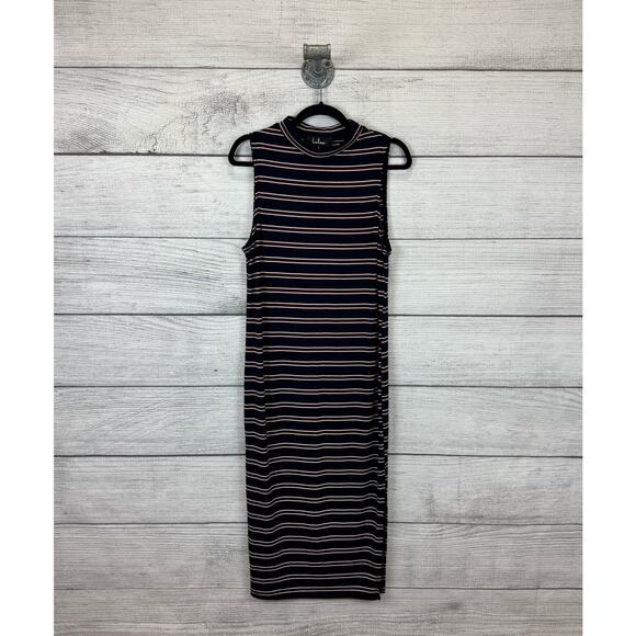 Lulu's Women's Franklin Navy Blue Striped Mock Neck Midi Dress Size Large - Picture 1 of 8